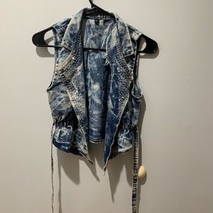 Denim Marbled Tank Vest with Rhinestones